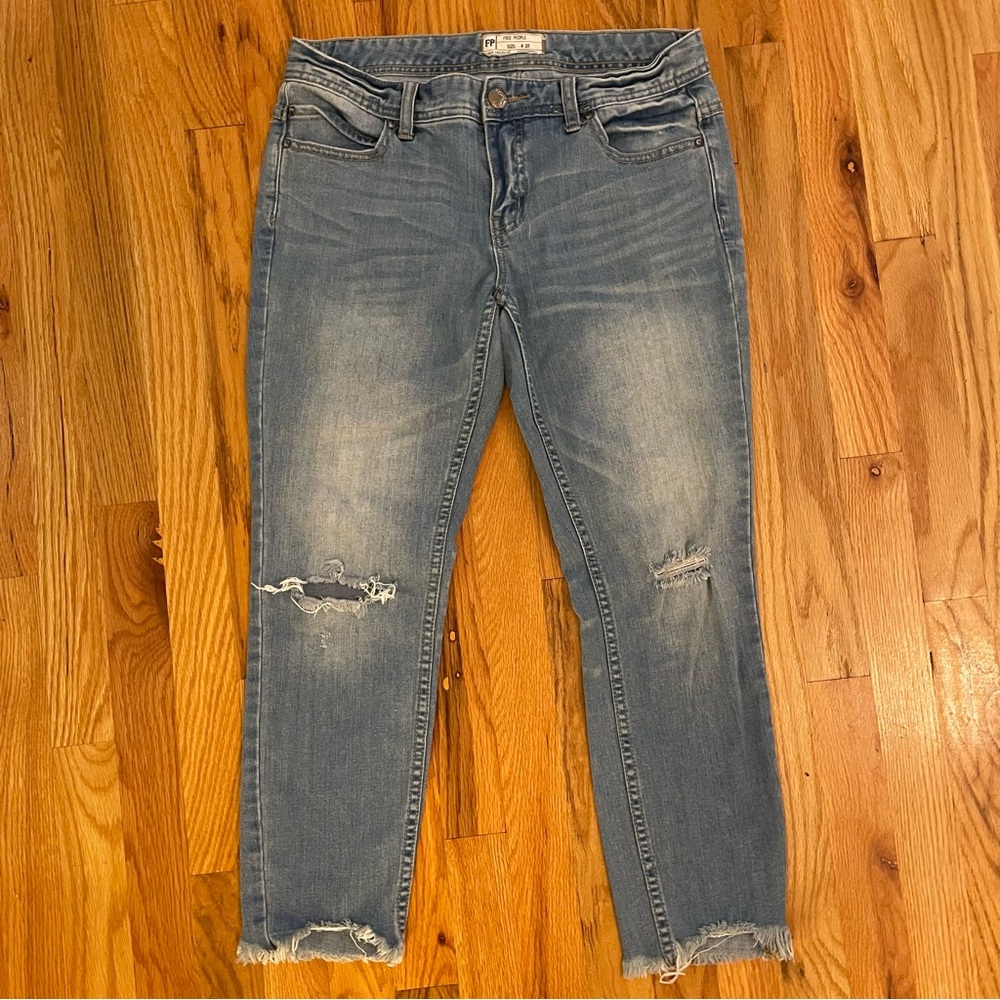 Free people distressed, light and wash, mid calf jeans size 28